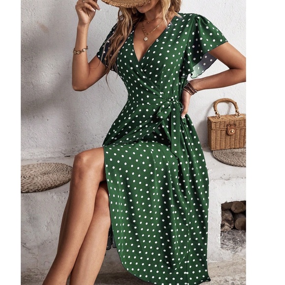 Boho Polka Dot Butterfly Sleeve Wrap Dress - Picture 2 of 8